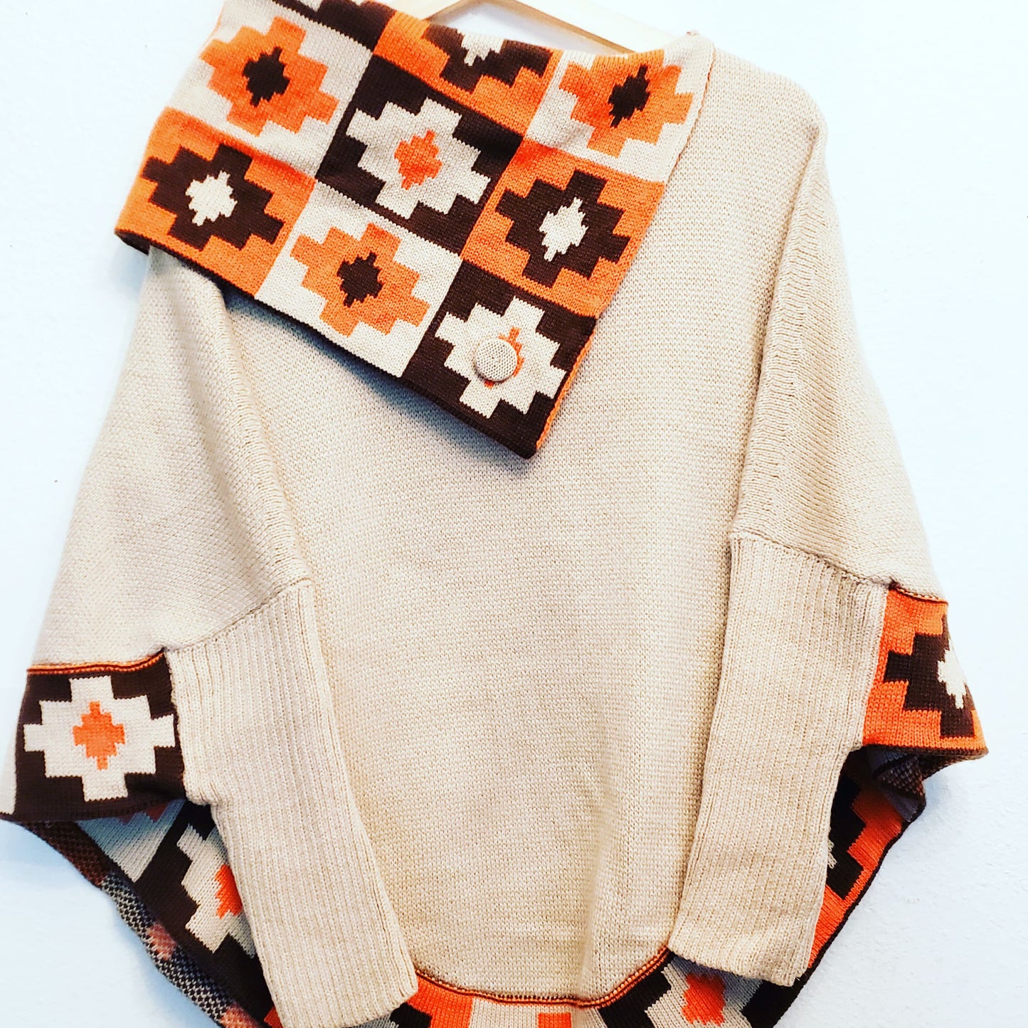 Light brown knitted turtleneck poncho, alpaca poncho with sleeves,