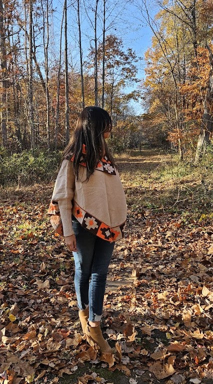 Light brown knitted turtleneck poncho, alpaca poncho with sleeves,